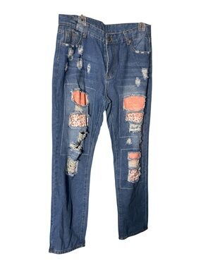 Blue Distressed Denim Jeans with Orange & Leopard Patchwork